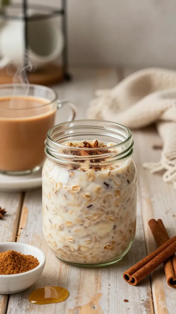 A high-resolution, realistic breakfast scene featuring a cozy morning setting with a glass jar of overnight oats as the main subject. The oats are creamy and swirled with warm chai spices, hints of cinnamon and cardamom visible in the texture. Surrounding elements include a cup of steaming chai tea, a small bowl of chai spice blend, a few cinnamon sticks, and a drizzle of honey on the side. The background has a soft, warm light from a breakfast nook with rustic wooden tabletop, a blurred mug rack, and a plush throw blanket to convey a comforting, adult-friendly vibe. The composition emphasizes the jar of chai-spiced oats as the focal point, with natural textures of oats, yogurt or milk, and spice specks clearly visible, in a lifestyle shot that feels inviting and sophisticated. No text in the image.