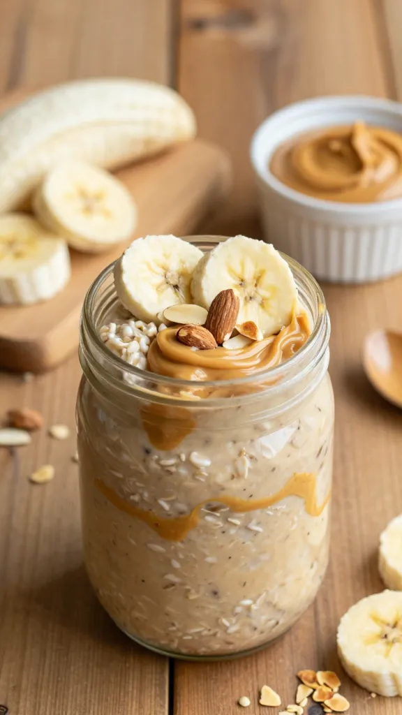 A photorealistic, high-resolution still life of a cozy breakfast scene featuring a mason jar of overnight oats in the foreground, swirled with creamy peanut butter and dotted with banana slices and a few flaked almonds for texture. The oats should have a smooth, creamy, light tan appearance with visible banana puree swirled through, and a glossy swirl of peanut butter creating a marble pattern. Surround the jar with sliced banana wedges, a small ramekin of natural peanut butter, and a scattering of crunchy almond flakes on a rustic wooden table. Use warm, natural lighting to evoke a comforting, homestyle vibe, with soft shadows and a shallow depth of field that keeps the jar in sharp focus while gently blurring the background. No text or labels on the image. The composition should feel like a morning ritual—simple, familiar flavors presented as a treat-like yet sensible breakfast.