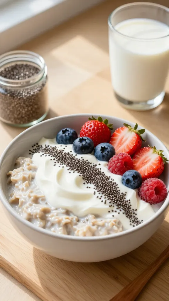 A high-quality, hyper-realistic breakfast scene featuring a bowl of overnight oats as the main subject, topped with a generous swirl of creamy yogurt, plump chia seeds creating a gel-like texture, and a colorful assortment of fresh berries (strawberries, blueberries, raspberries) arranged artfully around the bowl. Include a small transparent jar of chia seeds and a scoop of plant-based protein powder in a labeled glass container (optional), with a wooden spoon resting beside. The setting is a bright, sunlit kitchen counter with natural wooden tones, a glass of almond milk, and light reflective surfaces. Emphasize a fluffy, creamy oats texture, moist sheen from the overnight soak, and vibrant berry colors, all captured in ultra-realistic detail with soft shadows and shallow depth of field to highlight the main subject. No text on the image.