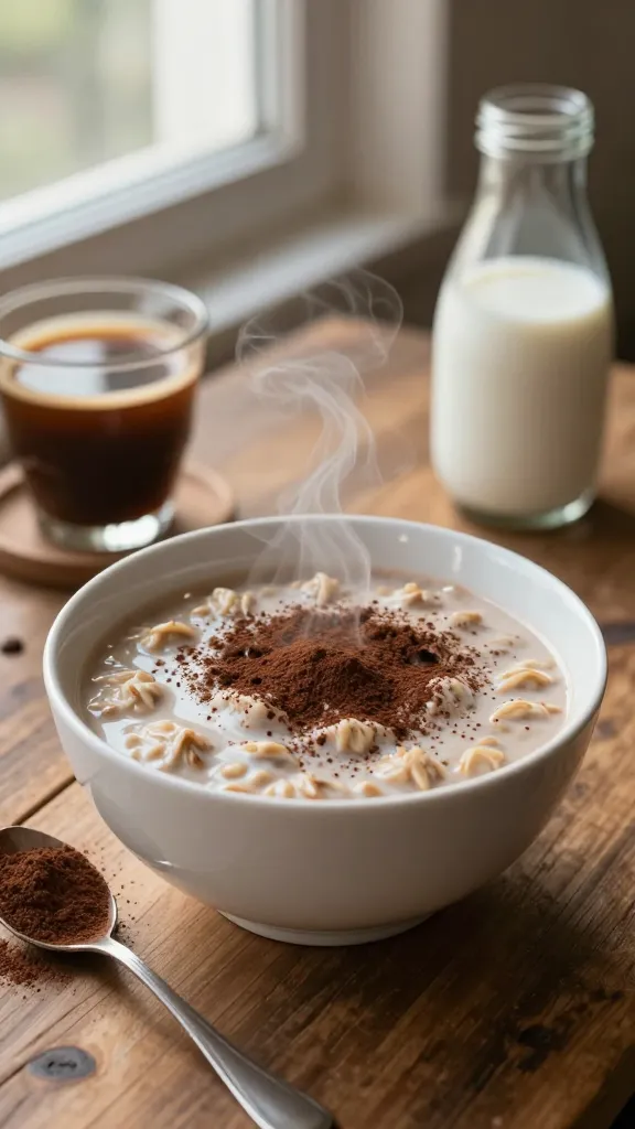 A high-quality, ultra-realistic breakfast scene featuring a bowl of creamy mocha coffee oats as the main subject, placed on a rustic wooden table near a sunlit window. The bowl is topped with a light dusting of cocoa powder and a subtle swirl of milk, with hints of espresso steam wafting in the air. Surrounding elements include a small glass of strong brewed coffee, a teaspoon of cocoa powder, a shaker of oat milk, and a minimal, elegant mug reflecting soft morning light. The color palette is warm and inviting—creamy oats, rich chocolate-brown cocoa, and the deep amber of coffee. The background is softly blurred to keep the focus on the moody, cafe-inspired oat bowl, conveying bold, quick, satisfying morning energy without any text in the image.