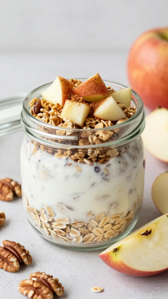 A highly realistic, high-quality image of a glass jar layered with overnight oats, featuring visible swirls of creamy yogurt and oats at the base, topped with a generous, crunchy granola topping, diced crisp apples, and a sprinkle of cinnamon. Include scattered chopped walnuts or pecans around the jar and a few fresh apple slices on the side. The scene is softly lit to highlight the textures: creamy oat layers, the crumbly crunch of granola, and the glossy apples, all arranged on a clean, neutral breakfast-setting surface with a subtle warm, inviting tone. The main subject should clearly convey the "Apple Cinnamon Crunch Crunch" concept from the article title, with a focus on the wholesome, crunchy-tresh texture that stands out in a jar of overnight oats. No text visible in the image.