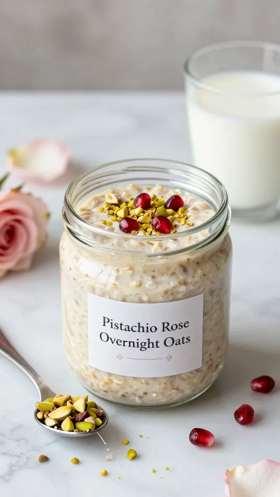 Create a hyper-realistic, high-resolution image of a chic breakfast scene featuring a glass jar of creamy overnight oats labeled "Pistachio Rose Overnight Oats" (the label is decorative, not legible text), surrounded by elegant ingredients: a spoonful of chopped pistachios, a delicate drizzle of rosewater (visible as a tiny spray or droplets), a few ruby pomegranate seeds for color, and a light dusting of crushed pistachios on top. The setting is a stylish, bright morning kitchen or marble countertop with soft natural light, subtle floral elements (rose petals or a small rose bloom) to convey the floral theme without overpowering the oats. Use warm, creamy tones with a luxurious feel, incorporate a small glass of milk or dairy-free alternative to imply flexibility, and ensure the oats look creamy, textured, and inviting. No text on the image. The main subject should be the jar of Pist pistachio rose overnight oats as the focal point.