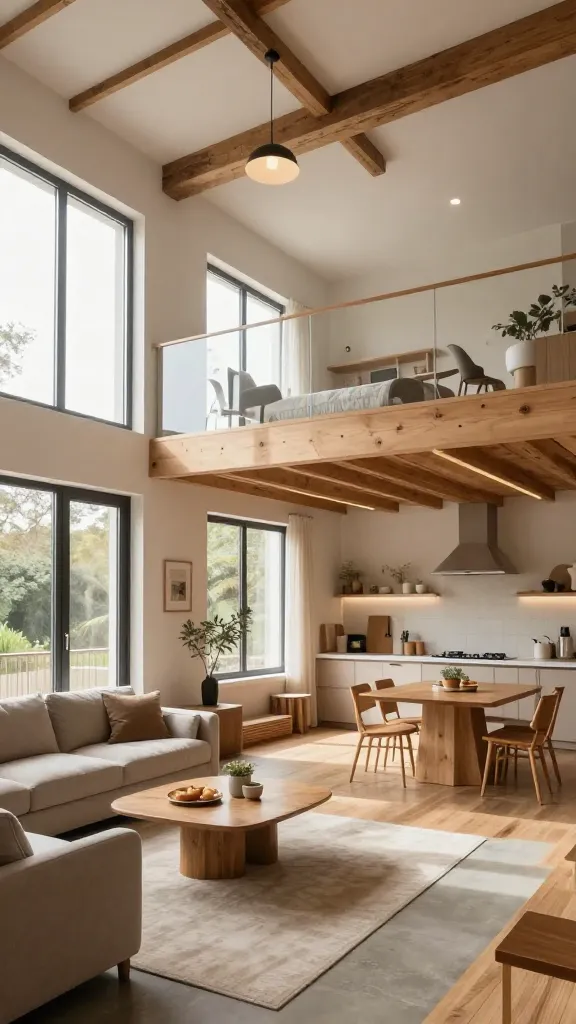 Ultra-realistic interior of an open-plan loft living space with a bungalow soul, featuring high ceilings and a clean line between living, dining, and kitchen areas. Include a mezzanine or catwalk as a visual divider, large clerestory and floor-to-ceiling windows flooding the space with natural light, and a bright, social hub that still feels cozy with intimate zones. Warm wood tones, exposed beams, and a modern, minimal aesthetic; a flexible layout that accommodates entertaining and solo work. The main subject should be the open-plan barndominium living area as described in the article title, captured as a single cohesive scene with realistic textures: polished concrete or wood floors, soft neutral palette, plush seating, a dining nook, a compact kitchen with a breakfast bar, and a light-filled mezzanine viewing area overhead. No text on image.