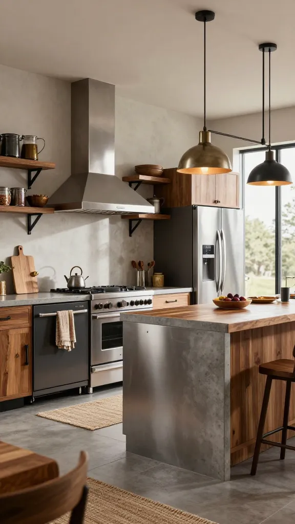 Create a high-resolution, photorealistic interior scene of a modern industrial kitchen integrated into a barndominium, clearly reflecting the "Industrial Stainless Kitchen That Feels Homey." The main subject should be the kitchen area as the heart of the home, featuring: - Stainless appliances (matte black or brushed steel) including a large refrigerator, range hood, and dishwasher, arranged to convey a functional workflow. - Warm wood accents: open shelving with a few rich wood tones, a wooden butcher block island or prep station, and warm wood cabinetry details to soften the industrial feel. - Durable surfaces: concrete or epoxy countertops with subtle texture and character. - Bold lighting: statement pendant lights or a multi-arm fixture with warm metal tones (brushed steel, brass, or matte black) hanging over the island. - Layered metallics: hints of brushed steel, brass, and copper in fixtures, hardware, and decor to add depth without feeling cold. - Textiles and textures: soft textiles such as a woven rug or a couple of textiles in warm colors draped on or near seating areas, plus a cozy kitchen textile or towel drop. - Open shelving styling: a few curated items on open shelves that mix metalware with warm wood elements, avoiding a cluttered look. - Atmosphere and realism: natural light from a large window (or two) with gentle shadows, a clean but lived-in vibe showing daily cooking activity (a cutting board, a bowl of fruit, a kettle on the stove), and the overall space feeling inviting, practical, and stylish. - Color palette: a balanced mix of stainless steel cool tones, warm wood tones, and soft textures in neutral colors (creams, taupes, and charcoal) to achieve a homey yet industrial vibe. - Composition: wide-angle view that captures the island as the focal point, with the appliances on one side, open shelves above, and a hint of a dining or living area beyond to emphasize flow. Render in ultra-realistic 3D photography quality, with natural lighting, accurate reflections on metallic surfaces, shallow depth of field on foreground details, and no text or watermarks.