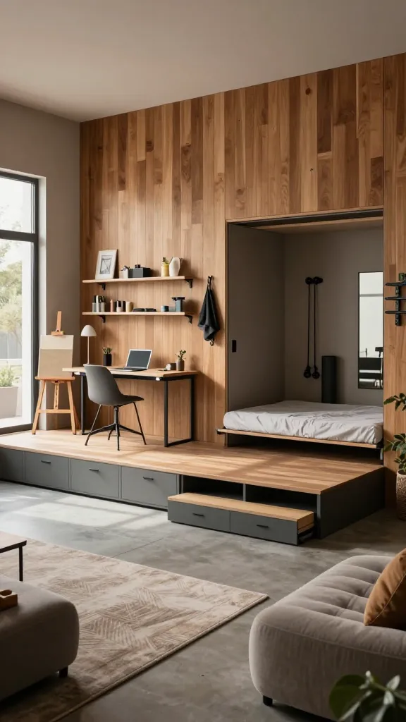 Create a high-resolution, realistic interior scene of a modern barndominium multi-use studio that clearly showcases a single, large open space efficiently divided by smart, space-saving design. The main subject should be the multi-use studio itself, embodying the idea of a versatile, ever-ready room that functions as a gym, art corner, guest space, and home office within one cohesive area. The room features: - A feature wall with warm wood paneling and a subtle, stylish color palette (soft grays, earthy tones) to anchor the space. - A fold-down desk tucked into a sleek wall cabinet on one side, shown in a lowered position with a streamlined chair that can be stowed away, illustrating the foldable workspace. - A Murphy bed integrated into a storage wall, partially open to imply guest overnight capability, with clean lines and hidden storage to minimize clutter. - Floating shelves arranged above the feature wall with decorative items and art supplies, plus wall hooks for coats and bags to emphasize organization. - An art corner with a compact easel, a small canvas, and a studio lamp, blending seamlessly with the living/work areas. - A compact gym zone with a mounted mirror, a pair of resistance bands, a yoga mat rolled out, and a slim cardio or strength device, all neatly organized. - Hidden storage under raised platform steps or modular platforms with labeled drawers to maximize space, shown with a subtle offset to reveal clever under-platform storage. - A comfortable guest seating arrangement with modular, low-profile seating that can be rearranged easily, and a small, discreet workstation area with a laptop on the fold-down desk. - Natural light from large, unobstructed windows or a glass door, ensuring a bright, inviting atmosphere with reflections and soft shadows. - Textural variety: smooth concrete or polished concrete floors, a soft area rug in the living/office zone, and warm wood accents for a cozy yet modern vibe. - A sense of effortless flow and flexibility, with everything in reach but neatly tucked away, emphasizing the “hidden storage nooks” concept. - No visible text or branding on any surfaces; the scene should feel realistic, lived-in, and ready for spontaneous guests. Render with cinematic lighting, real-world textures, and a slightly lensy depth-of-field focus on the feature wall and fold-down desk, ensuring high-detail details on the hidden storage, platform steps, and transitional zones between gym, art, guest, and office areas. The overall composition should clearly communicate multi-functionality and intelligent space-saving design in a single, cohesive barndominium studio.