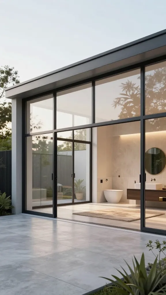 A high-resolution, ultra-realistic rendering of a modern glass garage-converted suite seamlessly integrated with a contemporary home. The scene features a side garage with expansive floor-to-ceiling glass walls and a glass door, offering a bright, vacation-like interior that visually connects to the main house while maintaining a distinct, separate feel. The interior visible through the glass includes a compact, luxurious bath, a rolled rug or soft floor covering over polished concrete, and warm, natural light flooding the space. Outside, a clean, minimalist landscape with subtle greenery and a weatherproof, insulated glass partition creates a serene transition between indoors and outdoors. The overall aesthetic is modern and airy, emphasizing light, serenity, and functional flex space that feels like a connected retreat rather than an extension. No text on the image.