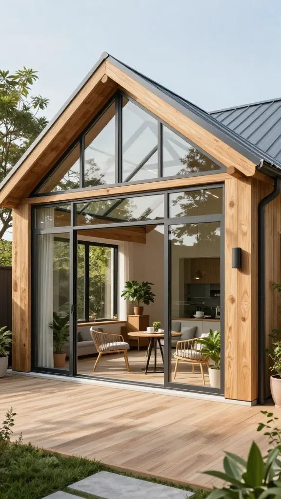 A high-resolution, hyper-realistic render of a modern barndominium with a prominent roof-line sunroom extension flooded with daylight. The sunroom features sweeping floor-to-ceiling glass windows and a semi-courtyard design that blends seamlessly with native wooden siding and a metal barn-inspired roof. Inside the sunroom, show a cozy morning coffee nook with a small round table, two chairs, and potted greenery, plus low-maintenance, premium-looking porcelain or engineered wood flooring. Exterior should highlight energy-efficient glazing, insulated framing visible as slim, clean window frames, and a seamless transition from interior to a sun-drenched courtyard garden with tall glass walls. The overall scene conveys year-round living space, mood-boosting daylight, and a serene, premium, low-maintenance aesthetic with warm wood tones, soft neutrals, and a touch of modern hardware. No text on the image.