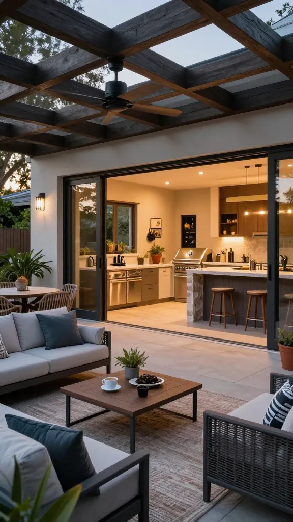 A realistic, high-quality indoor-outdoor living space featuring a modern barndominium with a covered patio that seamlessly blends inside and outside. The main subject is the living area that expands into a wide, shaded veranda through expansive, floor-to-ceiling doors that tuck away, creating an unobstructed flow. Include an outdoor kitchen area with sleek stainless steel appliances and a built-in grill, integrated into a natural stone countertop island with bar seating. Arrange soft, inviting seating with weather-resistant cushions and a durable outdoor rug that complements the interior palette, placed around a low-profile coffee table. Use wide doors or accordion-style walls that vanish into the walls to emphasize the seamless transition. The space should show al fresco dining furniture, a ceiling fan or soft overhead lighting, lush potted plants, and warm, ambient lighting suggesting evening use. Ensure the scene conveys a practical, lived-in vibe: morning coffees on the veranda, weekend barbecues, and post-work decompressing, with a view that suggests the living room extends to the outdoors, creating the ultimate living space with a view.