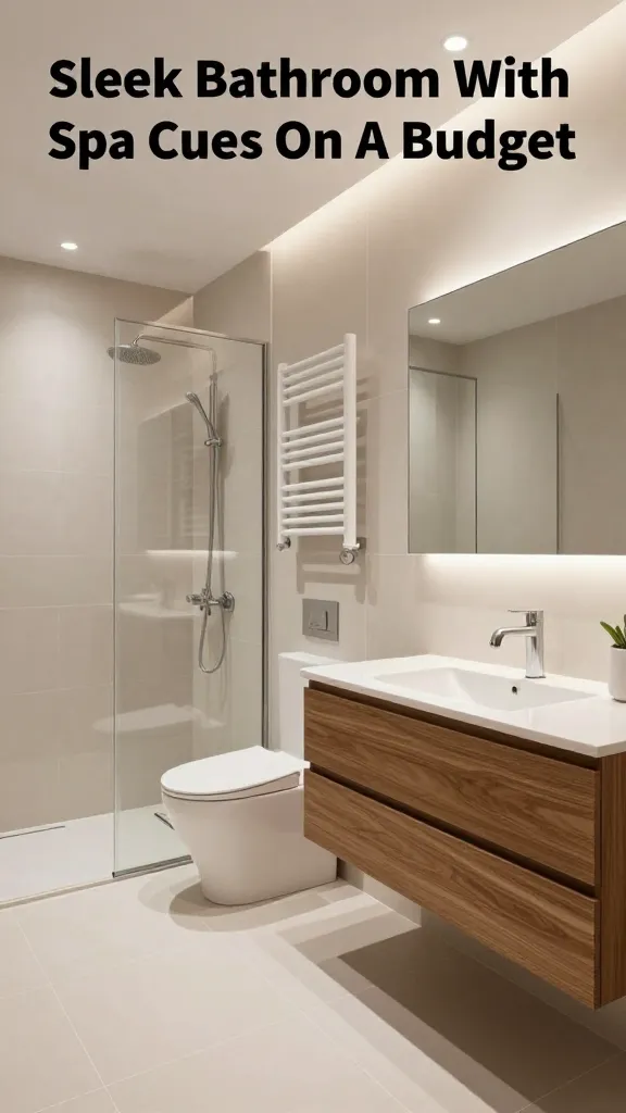 Create a high-resolution, photorealistic interior scene of a sleek bathroom inside a modern barndominium, featuring a floating vanity with a warm wood veneer mounted against a clean, light-toned wall. The bathroom should have large-format porcelain tiles with minimal grout lines on the floor and walls, a rainfall showerhead built into a glass-enclosed shower, and a wall-hung toilet hidden behind a partial divider for a spacious feel. Include a heated towel rail on the wall, and dimmable recessed lighting that casts a soft, relaxing glow. The overall aesthetic should be luxe yet budget-conscious, with minimalist hardware, a neutral color palette, and touches that convey spa cues—such as seamless lines, moisture-friendly finishes, and a calm, refined atmosphere. The image should clearly present the main subject from the article title: a Sleek Bathroom With Spa Cues On A Budget, as a believable, high-end yet affordable bath space perfect for a modern barndominium. No text overlays.