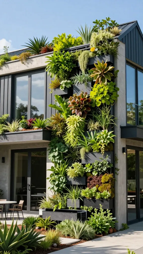 Create a highly realistic, high-resolution exterior shot of a modern barndominium featuring a lush, thriving living exterior: a vibrant green roof with diverse, drought-tolerant plants seen from above, blending seamlessly into a vertical garden wall on one side of the structure. The building should combine steel-and-concrete aesthetics with natural greenery, showcasing a sunlit scene with clear blue sky, shadows, and subtle reflections on glass doors/windows. Emphasize the texture contrast between sleek metal siding, exposed concrete, and dense foliage. The living wall should appear thriving and well-maintained, with a variety of plants in modular panels, climbing vines, and pockets of moss, integrating a discreet drip irrigation system visible but unobtrusive. Include landscape elements such as a small patio with simple, modern outdoor furniture, a compact water feature or rainwater harvesting barrel, and low-maintenance, drought-tolerant ground cover around the base. The overall mood is eco-friendly, contemporary, and aspirational, highlighting energy efficiency and the brag-worthy green aesthetic without any text overlays.