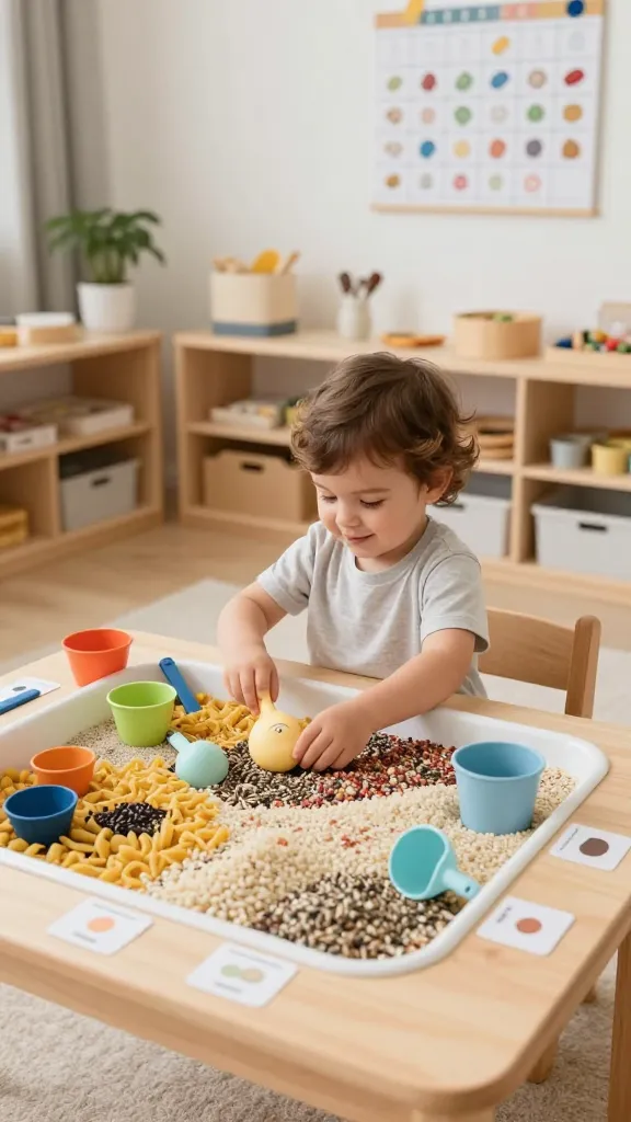 A bright, modern Montessori-inspired toddler playroom scene focused on a central, smiling toddler seated at a low wooden sensory table filled with a vibrant, neatly organized sensory bin. The bin contains a mix of seasonal fillers such as small dried pasta, and colored rice in soft, natural tones, along with seed mixes for varied textures. Surrounding the bin are kid-friendly tools: colorful scoops, cups, and funnels in pastel hues. Labels or tiny cards with simple pictures and words sit upright on the edge of the table to hint at textures (e.g., smooth, grainy) without visible text in the scene. The room features soft natural lighting, a low shelf with neatly arranged Montessori materials, and neutral wall tones with warm wood textures. A monthly rotation calendar on the wall hints at changing contents. The toddler touches the materials with focused expression, while a calm, tidy aesthetic conveys organization and independence in a realistic, high-quality photograph style. No text included in the image.