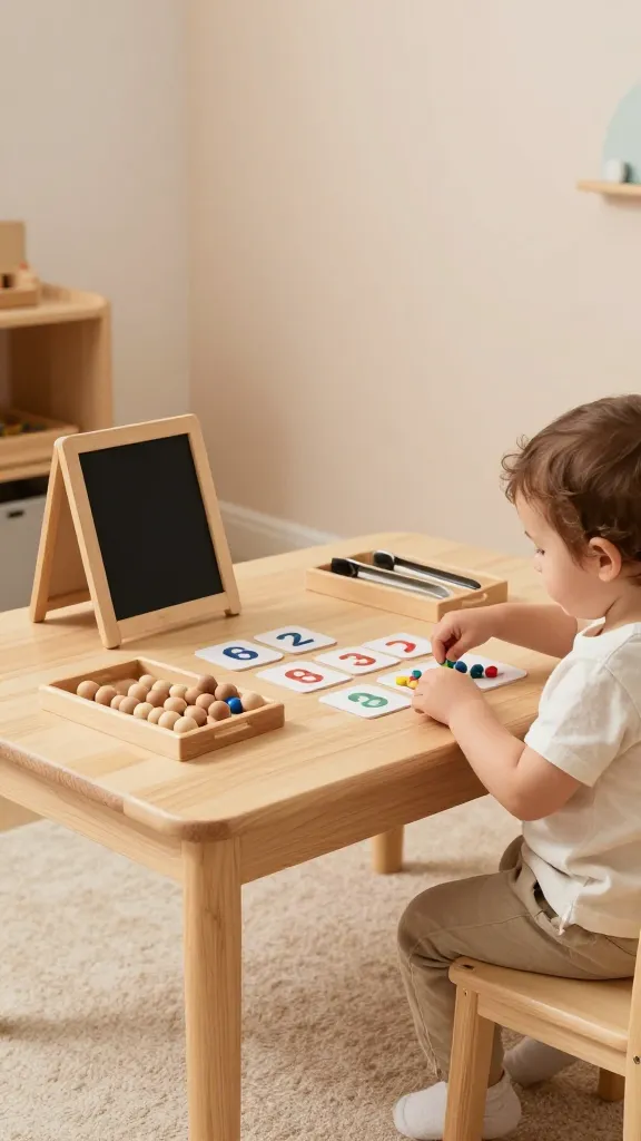 A warm, inviting Montessori-inspired toddler playroom featuring a low wooden table at the center with a natural finish, set in a softly lit room with pastel walls. On the table are tactile math-learning materials: a small tray of smooth wooden counting beads, a set of numbered cards arranged neatly, and a miniature chalkboard propped at an angle. Nearby, a pair of transfer tongs and a sorting tray hold colorful beads for sorting activities. A curious toddler sits on a small chair, actively sorting beads and matching numbers, with hands engaged and a look of concentration. The scene emphasizes independence, hands-on discovery, and calm, focused learning, with natural textures (wood, fabric) and gentle shadows to convey realism and high-quality detail. No text visible in the image.