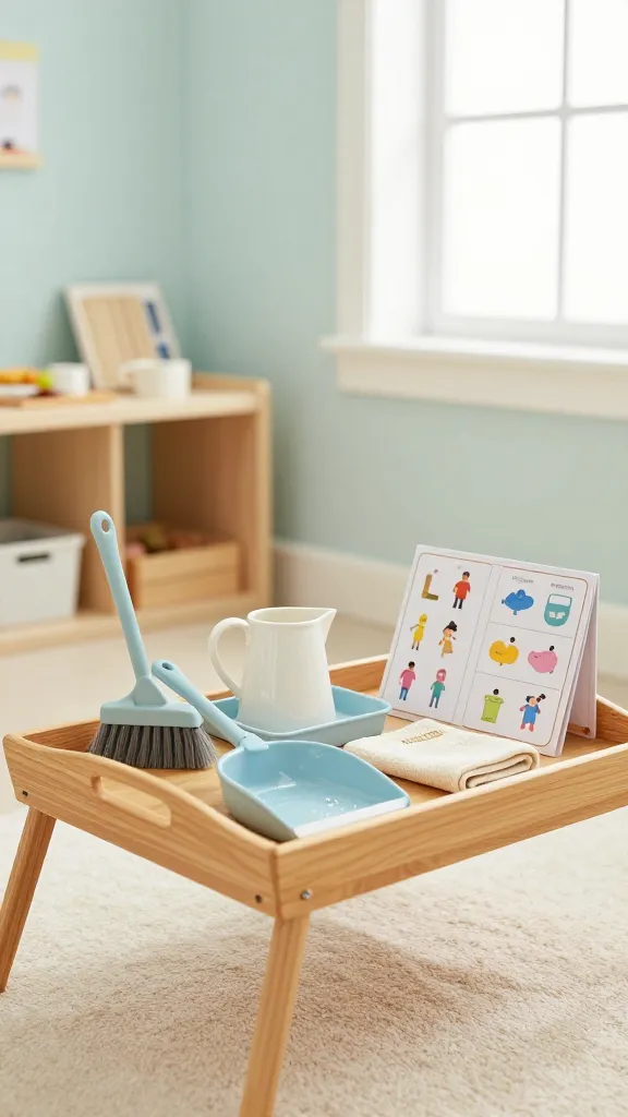 A bright, cozy Montessori-inspired toddler playroom corner featuring a Practical Life Station arranged on a small, low wooden tray. The main subject is a toddler-friendly setup centered on independence and order: a miniature broom and dustpan resting neatly on the tray, a tiny pitcher with a water tray and a folded towel for drying hands, and a set of kid-sized chore charts or sequencing cards propped nearby. Include a clean, uncluttered background with natural light from a window, soft pastel wall colors, a low shelf with neatly organized Montessori materials, and a small hand towel folded beside the station. The scene conveys calm focus and a sense of accomplishment as the child engages in pretend cleanup after play, with realistic textures: wood grain on the tray, fabric towel, ceramic pitcher, and smooth plastic broom. No text or signage in the image.