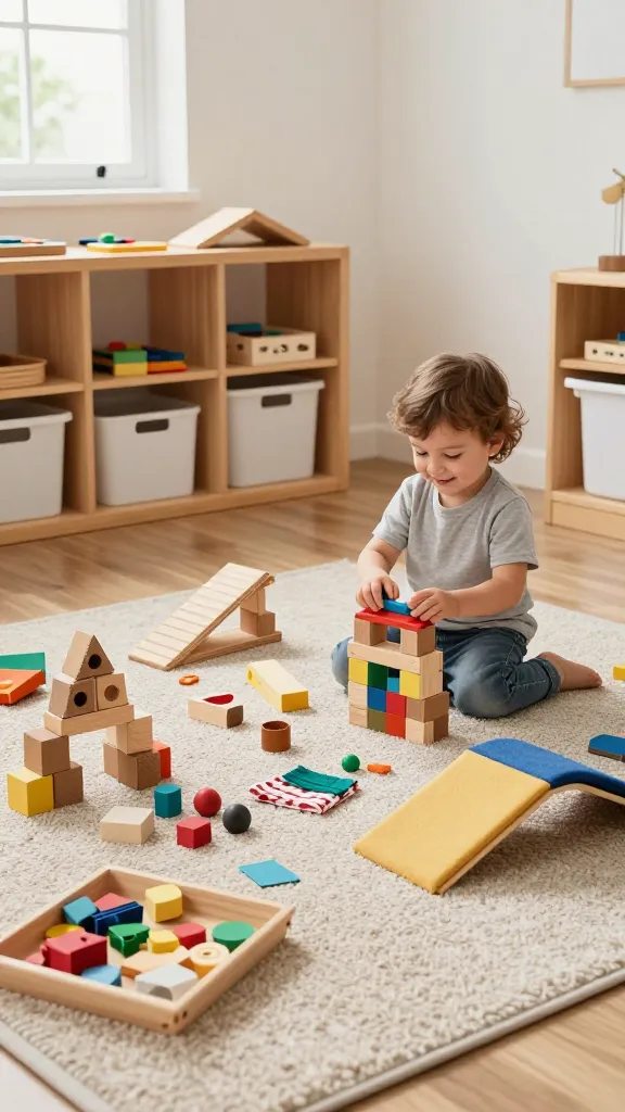 Create a high-quality, realistic image of a bright Montessori toddler open-ended building zone in a cozy home playroom. The scene centers on a smiling toddler (around 2–3 years old) engaging with a low, accessible wooden shelf labeled with natural materials and colorful pieces. On a textured rug, the child builds with a mix of natural blocks, recycled carton pieces, wooden ramps, and fabric ramps, along with a handful of loose parts like bells, fabric swatches, and small cups. Include a small ramp system leading to a tower, a tray of varied shapes and sizes, and a few simple engineering challenges visible through thoughtfully arranged materials. The environment is warm and organized with soft natural light from a nearby window, child-friendly storage bins, and a minimalist, clutter-free backdrop to emphasize exploration and independence. The overall mood is calm, inviting, and intentionally designed to spark creativity, spatial reasoning, and problem-solving without strict rules. No text or branding visible in the scene.