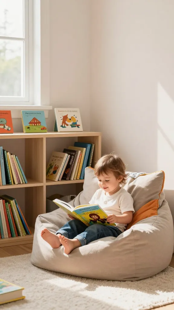 A warm, sunlit toddler reading nook in a softly furnished corner of a bright, modern playroom. The main subject is a small child seated comfortably on a low, plush bean bag with a gentle smile, engrossed in a sturdy picture book. The setup includes a low open bookshelf at toddler eye level stocked with board books and picture books, a cozy cushion fort made of lightweight, colorful cushions and a small throw blanket, and a soft, textured rug underneath. The walls are pastel with minimal decor, and a small window nearby lets in natural light, casting a calm, inviting glow. Include a few rotating new-book selections visible on the shelf to imply variety and ongoing discovery. The scene should feel calm, organized, and safe, emphasizing independence, language growth, and the joyful moment of choosing a book in a cozy reading nook. Realistic textures: fabric, wood, book pages, soft shadows, and gentle color palette. No text on the image.