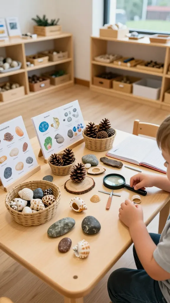 A warmly lit Montessori-inspired toddler playroom scene centered on a wooden nature table filled with seasonal natural objects: a collection of seashells, pinecones, small polished rocks, shells, and textured bark slices, arranged in small monocular baskets and on a shallow tray. Include a toddler-sized magnifying glass and tiny tweezers resting nearby. Nearby are a chart or photo cards with simple, clearly labeled item names, leaning on a wooden display stand, and a softly scrolled notebook or paper for observational notes. The table shows a gentle seasonal color palette—cool blues and sandy beiges in winter; warm greens and browns in spring; muted oranges and ochres in autumn; subtle grays and sea tones in summer. The room features natural wood floors, a low open shelving unit with baskets of natural materials, and a large window letting in diffused daylight. The main subject is the Nature Table for Real-World Discovery as the focal point, with a toddler’s hands gently handling a shell with curiosity, conveying mindful observation and simple scientific thinking. Realistic, high-resolution detail, soft shadows, and a cozy, clutter-free Montessori atmosphere. No text on the image.