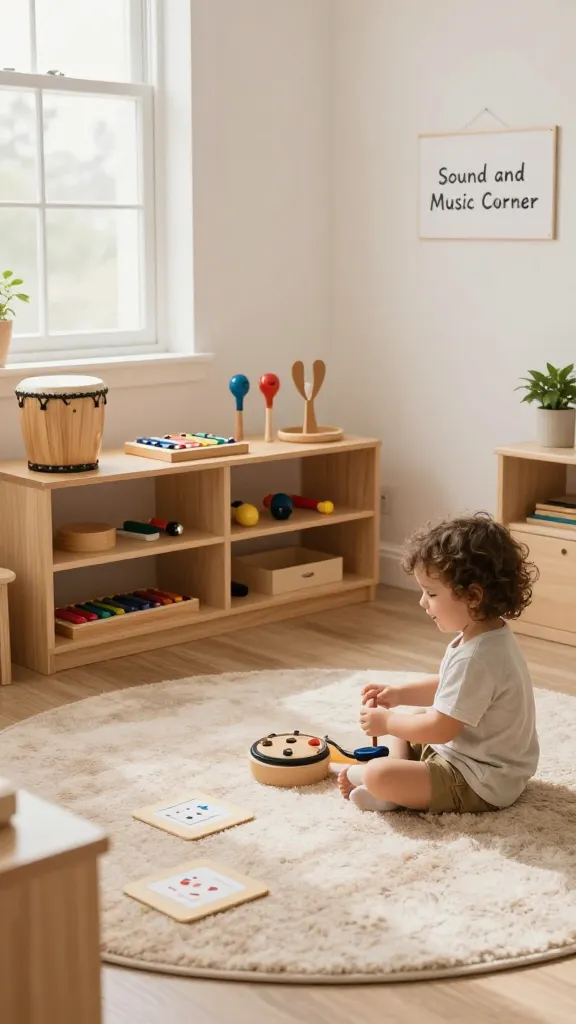 A bright, airy Montessori-inspired playroom corner labeled "Sound and Music Corner" featuring a dedicated small space for music with a soft, cozy vibe. Show a low, open shelving unit displaying simple musical instruments: a wooden drum, a colorful xylophone, and a handheld shaker, arranged neatly with a few rhythm cards tucked on a lower shelf. Include a soft, plush rug in warm neutral tones to dampen echoes and create a comfy practice area. The scene should show a child-authoritative, engaged in a mini jam session or guided listening moment, exploring sounds with a joyful expression. Natural light filters through a nearby window, and the room has uncluttered floor space, child-sized seating, and gentle Montessori-inspired decor (simple shapes, light wood, and plant accents). Realistic textures: wood grains on the instruments and shelving, fabric rug texture, and subtle, warm color palette. The main subject is the Sound and Music Corner itself as part of the Montessori toddler playroom, with the child interacting with the instruments in a candid, expressive moment. No text on the image.