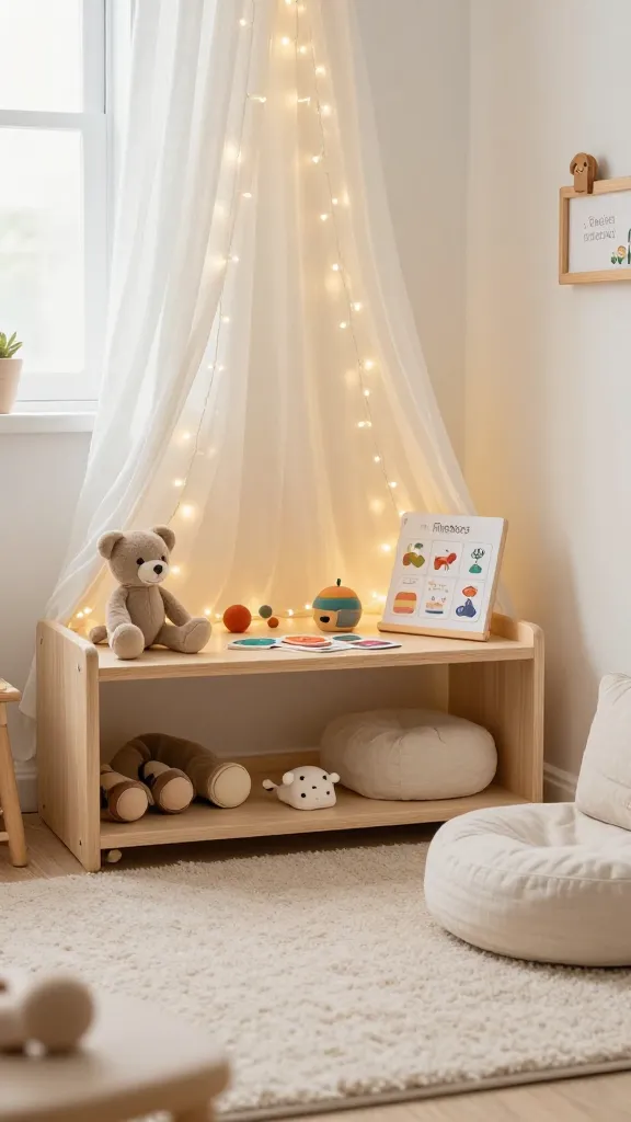 A warm, softly lit Montessori-inspired toddler quiet corner in a bright, sunlit playroom. The scene centers on a low, accessible shelf holding a handful of quiet activities such as soft tactile toys, a small breathing cards display, and a plush sensory object. Behind or surrounding the shelf, delicate fairy lights drape as a subtle curtain or gentle glow, creating a calming ambiance. The floor features a plush, neutral-toned rug in a calming color palette, and a toddler-sized chair or cushion invites comfortable seating. The overall mood is serene and focused, with natural materials like wood, cotton, and linen, and minimal clutter to emphasize emotional regulation space. The image should feel realistic and high-quality, with soft shadows, warm tones, and textures that convey a peaceful, spa-like corner for a child. The main subject from the article title—quiet corner for a toddler—takes center stage as an inviting, functional retreat for self-regulation. No text on the image.