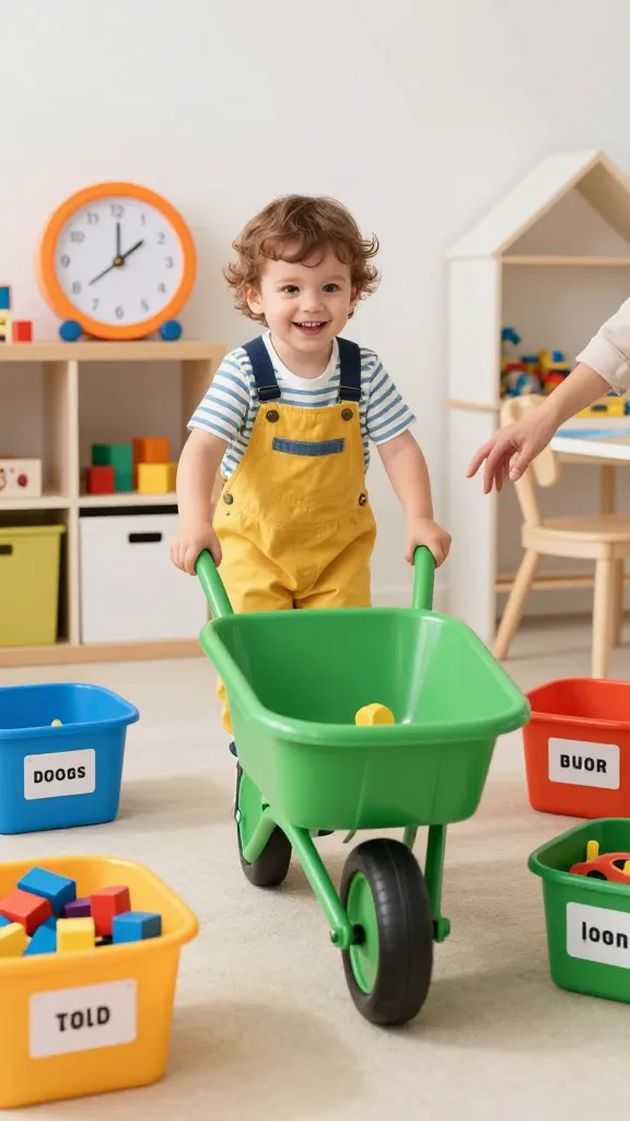 A high-quality, realistic image of a cheerful toddler-friendly playroom scene focused on cleaning up. Centered in the frame is a lightweight, kid-sized green wheelbarrow/tote being pushed by a smiling toddler wearing bright overalls and a striped shirt. Surrounding the wheelbarrow are labeled bins for different toy types (e.g., blocks, dolls, cars, puzzles) clearly organized in color-coded sections. A friendly adult hand is seen guiding the process, while a large, playful timer sits on a low shelf with a small reward visible nearby (e.g., a sticker or tiny snack). The room is vibrant but tidy, with soft natural light streaming in, wooden shelves, and age-appropriate furniture. The overall mood is energetic yet organized, capturing the idea of turning cleanup into a quick, fun race without any clutter or text in the scene.