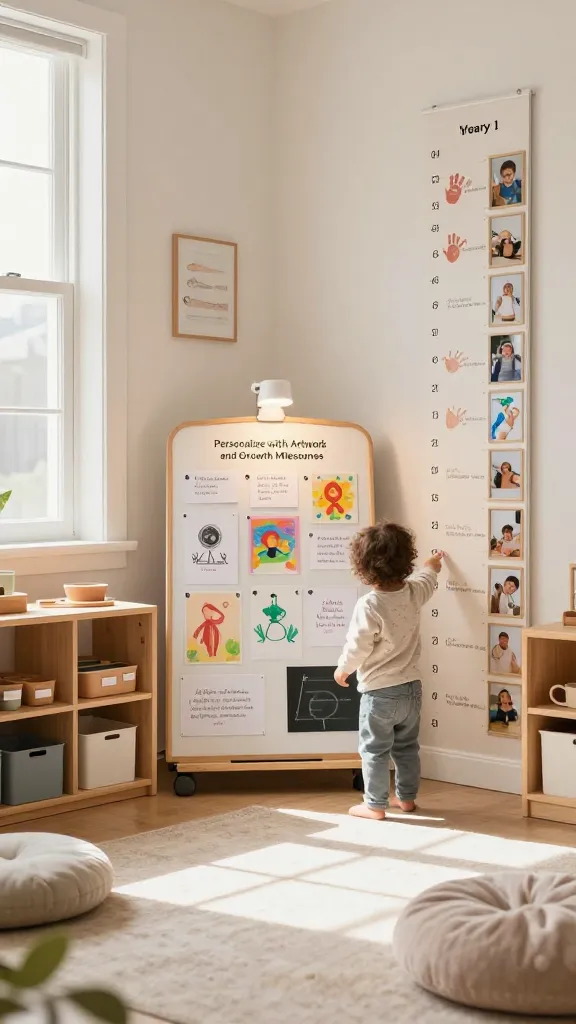 Create a cozy Montessori toddler playroom scene featuring a warm, sunlit corner with a dedicated "Personalize with Artwork and Growth Milestones" display area. Central to the image is a low, rotating display board mounted at toddler eye level, showcasing a variety of child-made artworks with neatly written dates and brief labels (e.g., "A Friend's Birthday Card, 2/15"); nearby, a slim label lamp quietly highlights the milestones. To the side, a yearly growth wall displays a grid of framed photos, handprints, and growth tokens arranged in an organized, evolving collage. Include a small, sturdy wooden shelf with label holders and neatly spaced bins, a low chalkboard or whiteboard for setting small, achievable goals, and a soft rug with plush cushions where a caregiver and toddler stand together, pointing to past milestones and planning future ones. The color palette should be calm and earthy with gentle pastels, natural wood textures, and sunlight streaming through a nearby window, creating a welcoming, nurturing space that radiates pride, progress, and Montessori-inspired independence. No text or watermarks visible in the scene.