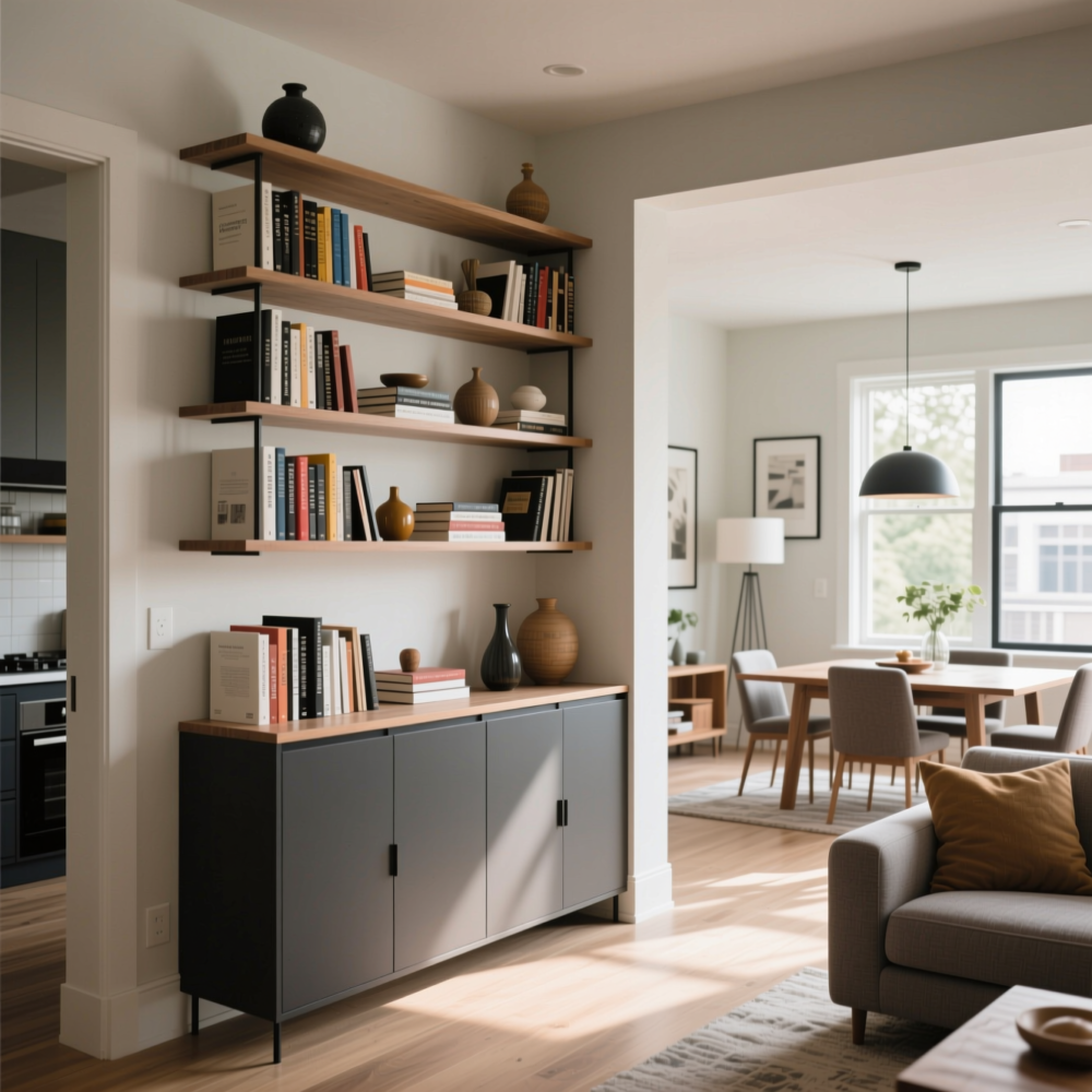 10 Creative Living Room Ideas for Open Floor Plan 5 5. Add a Half-Wall or Open Shelving Unit as a Soft Divider