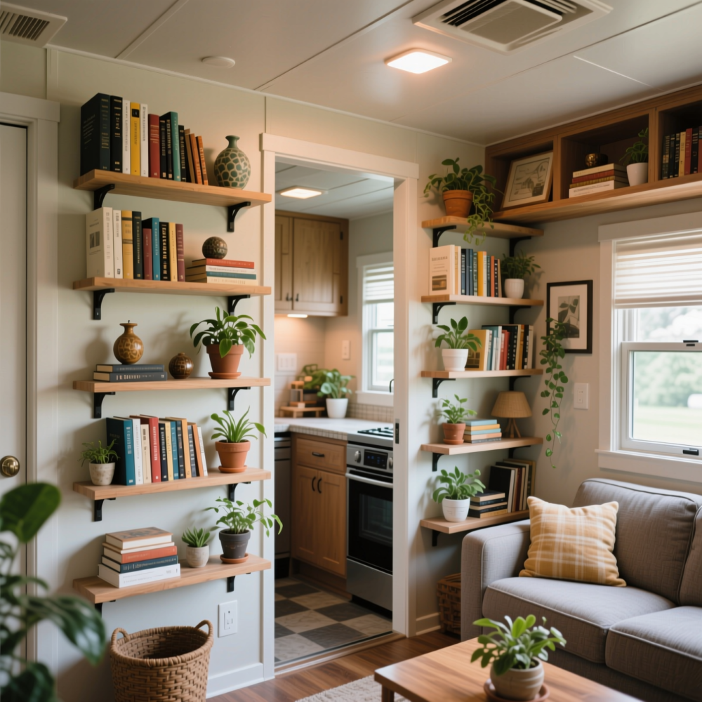 10 Cute Living Room Ideas for Mobile Home 8 7. Maximize Vertical Space with Smart Storage
