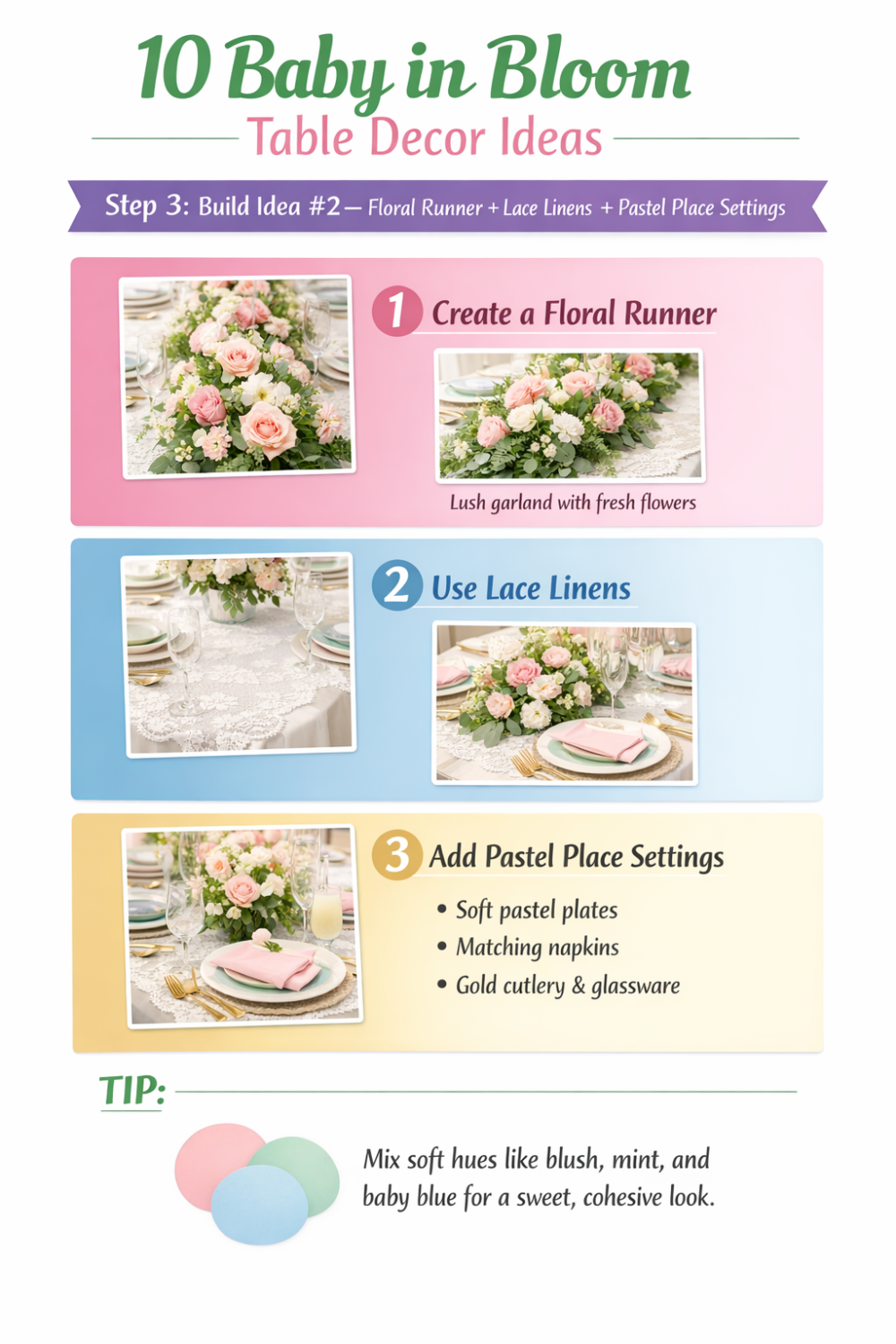 Step 3: Build Idea #2 — Floral runner + lace linens + pastel place settings