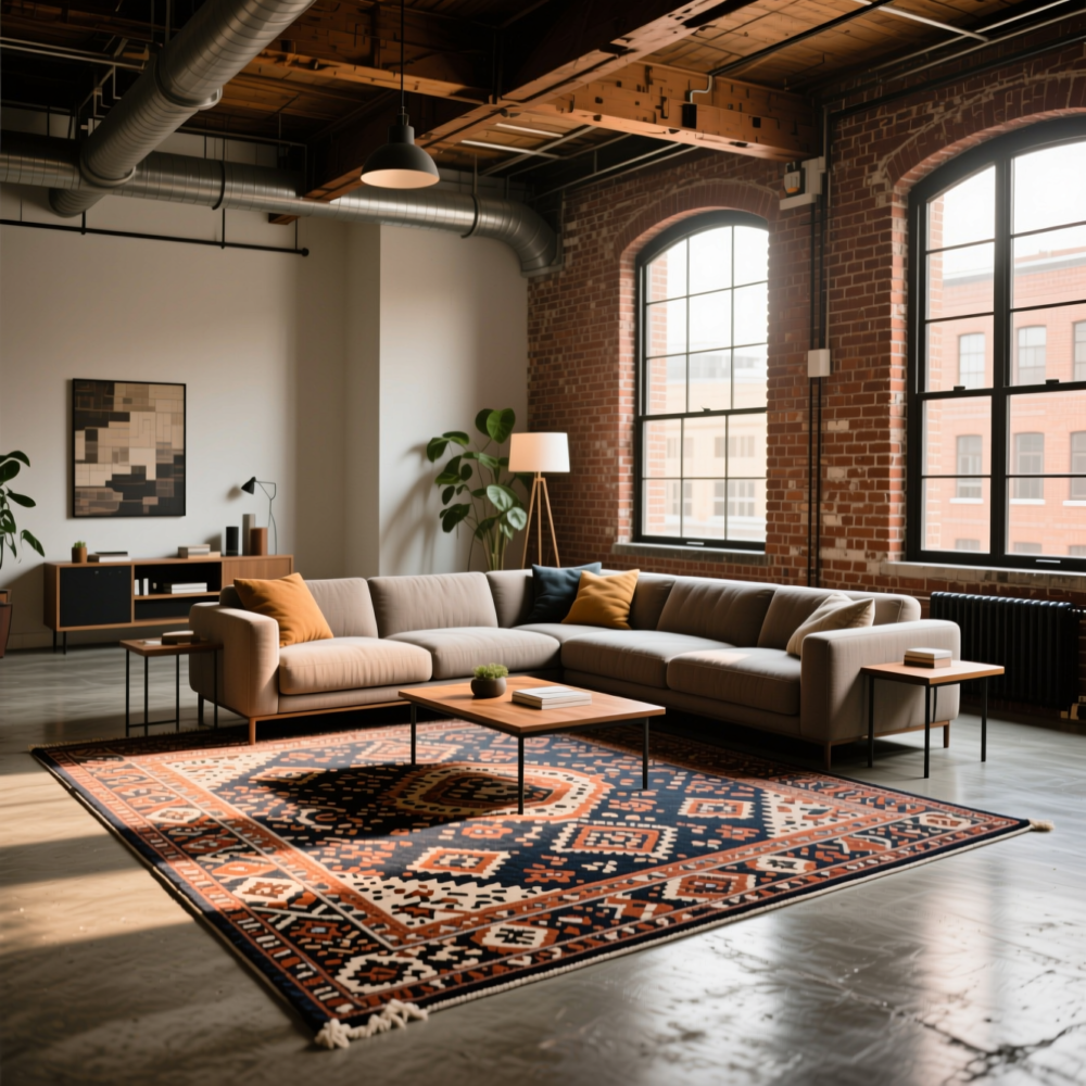 10 Lofty style Living Room Design Ideas 1 1. Anchor the Space with a Statement Area Rug