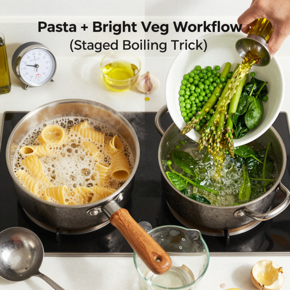 5. Pasta + Bright Veg Workflow (Staged Boiling Trick)