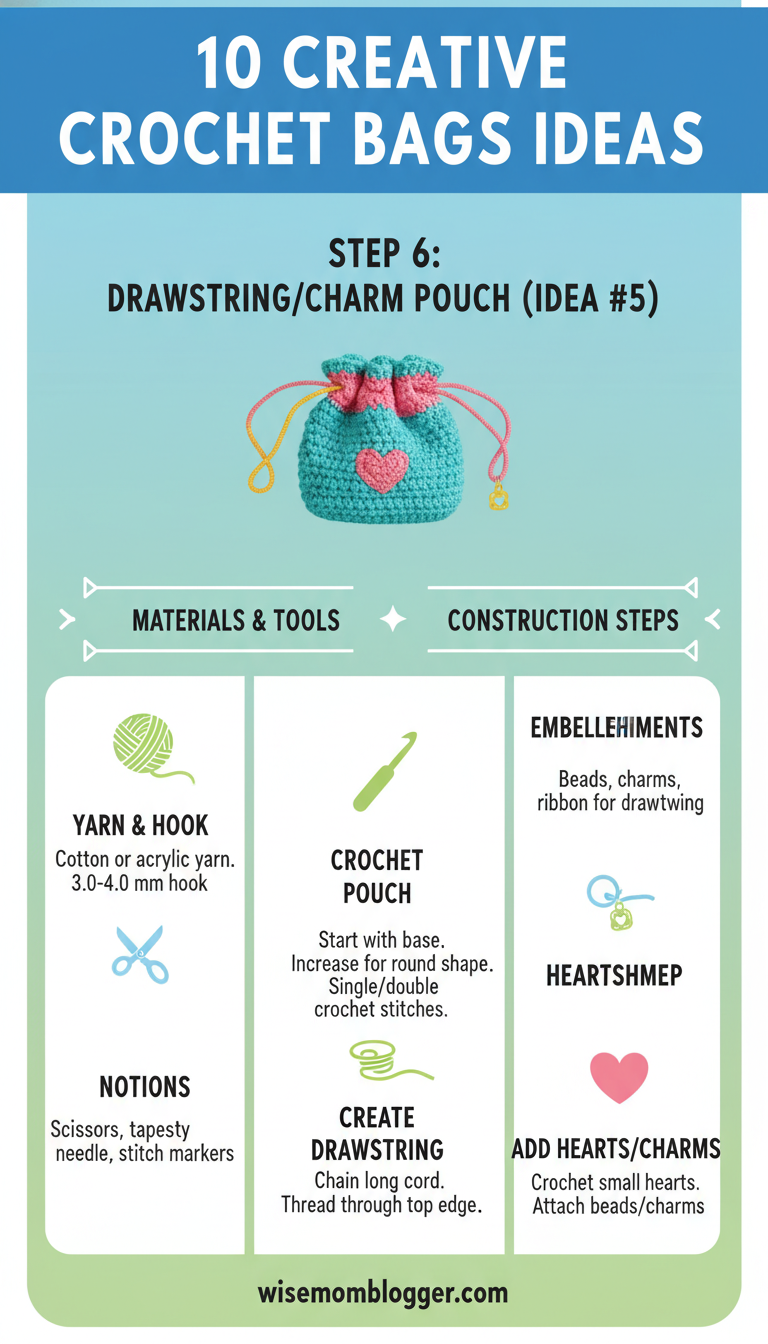 10 creative crochet bag ideas 7 Step 6: Drawstring heart/charm pouch (Idea #5)