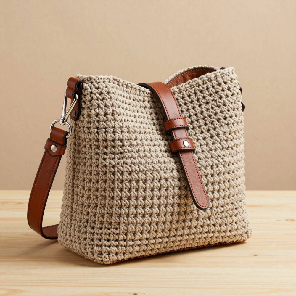 10 creative crochet bag ideas 9 Step 8: Leather strap + mixed-material look (Idea #7)