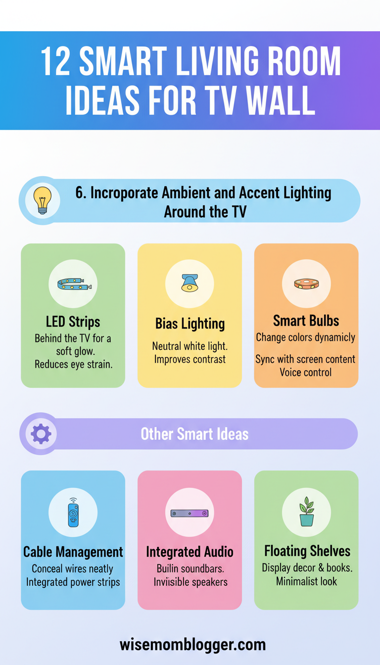 12 Smart Living Room Ideas for TV Wall 6 6. Incorporate Ambient and Accent Lighting Around the TV