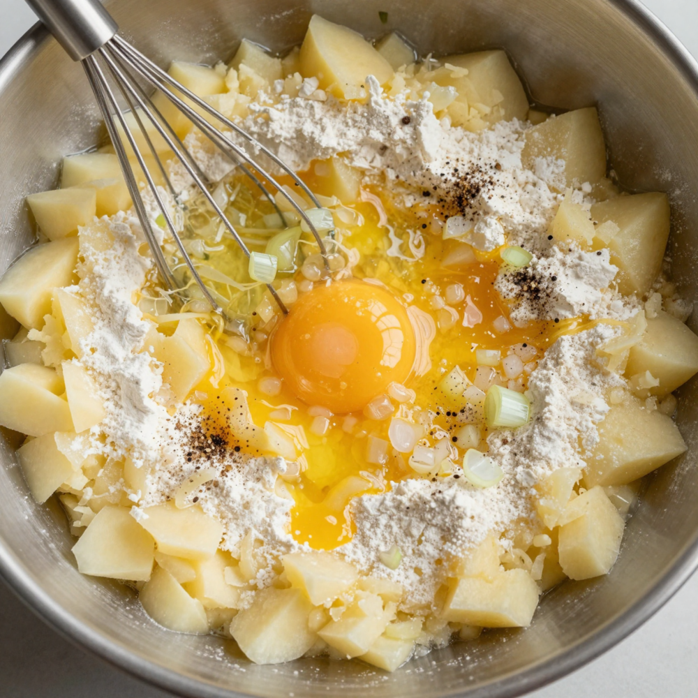 German Potato Pancakes (Kartoffelpuffer): Crispy, Savory, and Comfortingly Simple 5 Step 4: Mix in Eggs, Seasonings, and Flour (If Using)