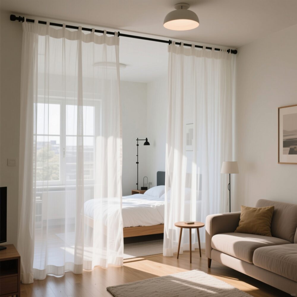 10 Fun Cozy Living Room Ideas for a Studio Apartment 3 2. Divide Your Space with Sheer Curtain Panels