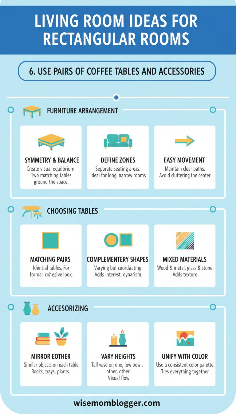 Living Room Ideas for Rectangular Rooms: How to Design, Zone, and Style Your Space 7 6. Use Pairs of Coffee Tables and Accessories