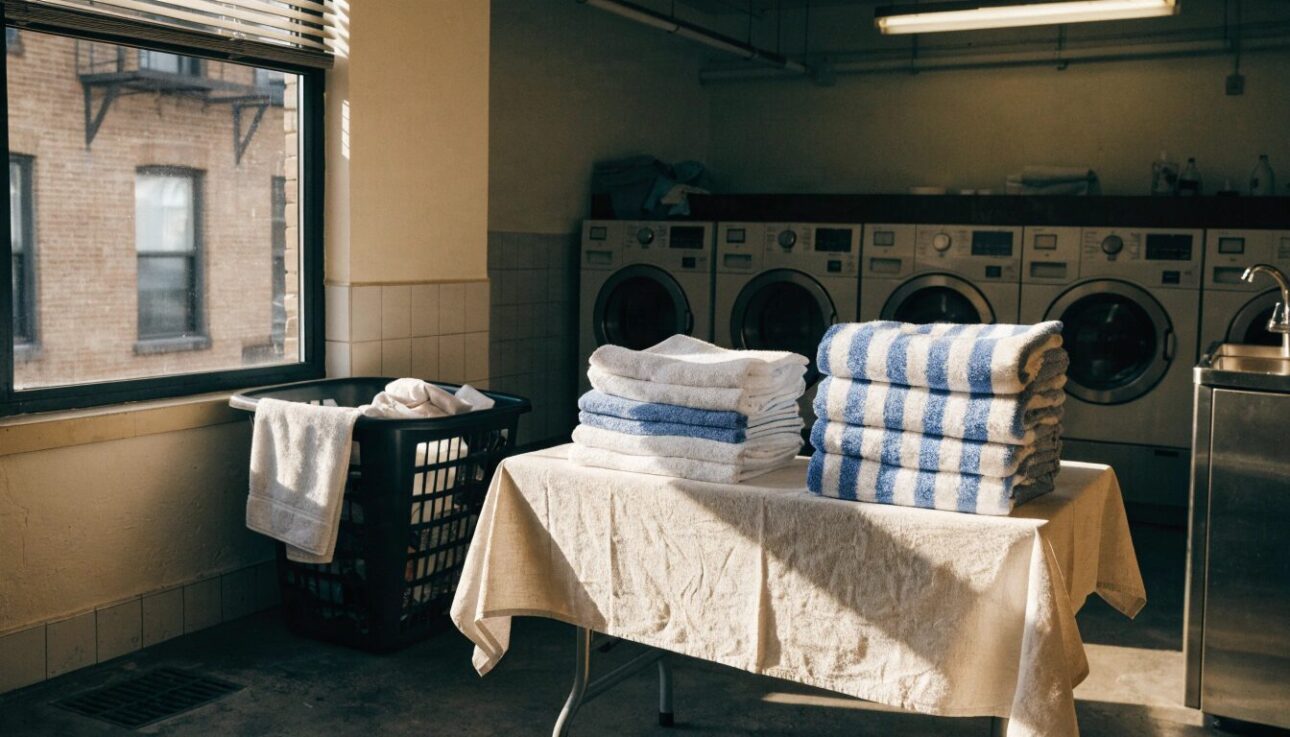 a-folding-table-in-a-laundromat-with-neatly-folded a folding table in a laundromat with neatly folded
