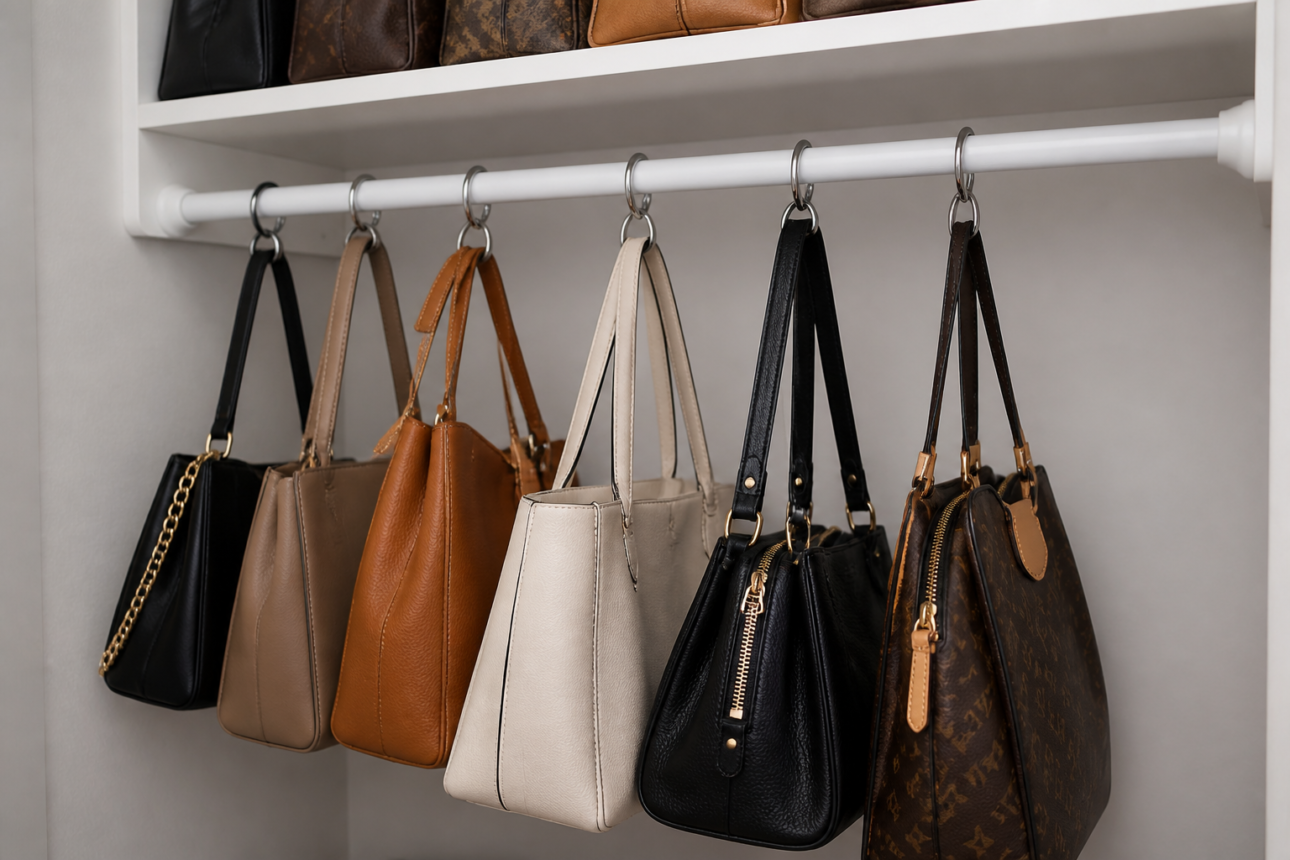 12 Creative Handbag Storage Ideas for Small Closets 3 1. Tension Rod Hanging Systems