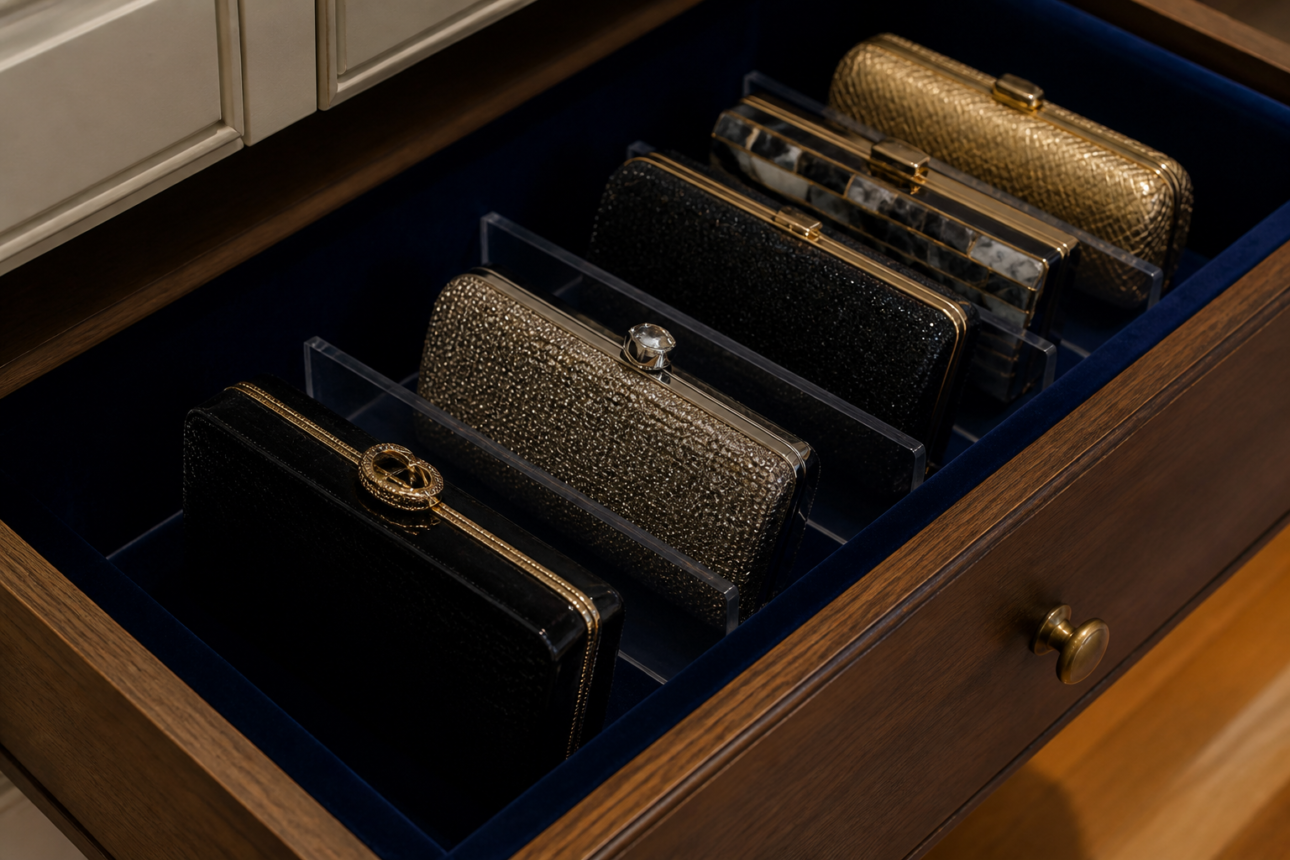 12 Creative Handbag Storage Ideas for Small Closets 6 4. Velvet-Lined Shallow Drawers