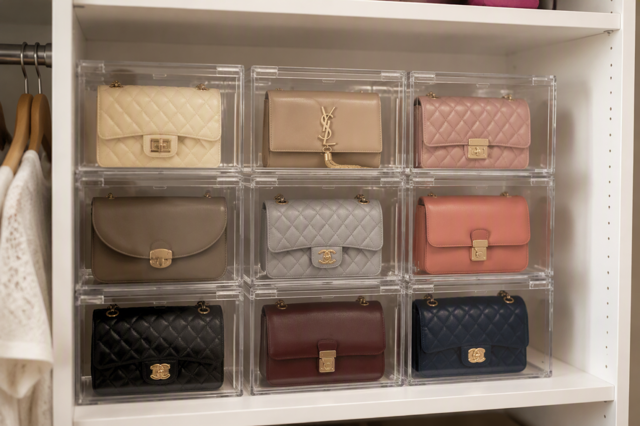 12 Creative Handbag Storage Ideas for Small Closets 7 5. Clear Acrylic Storage Bins