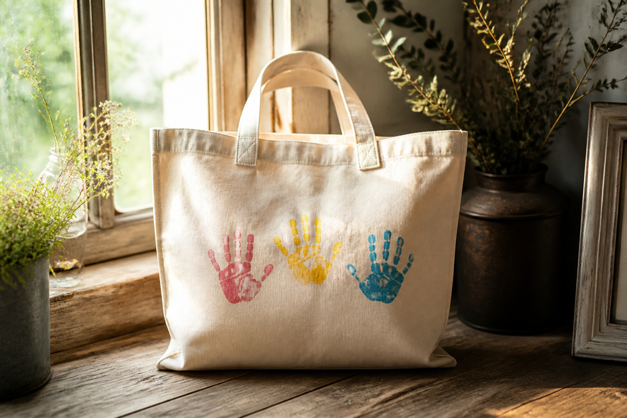14 Simple Tote Bag Painting Ideas You Can Try at Home 7 5. Sentimental Handprint Art