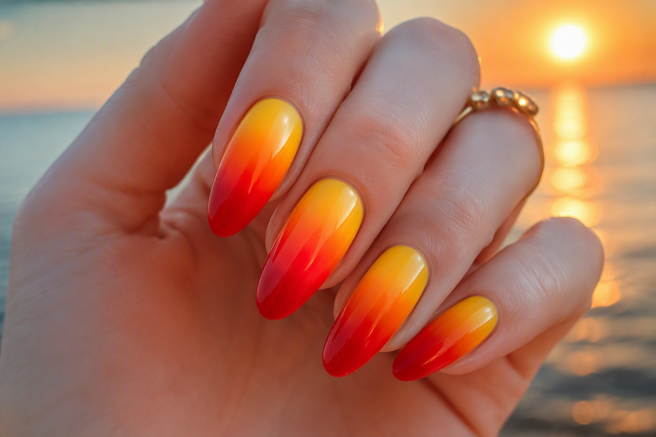 12 Beautiful August Nail Designs Everyone Should Know 5 3. Golden Hour Sunset Gradients