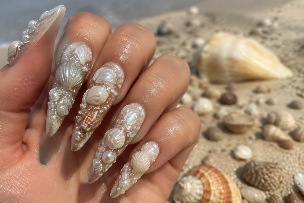 12 Beautiful August Nail Designs Everyone Should Know 8 6. Beach-Inspired Seashell Textures