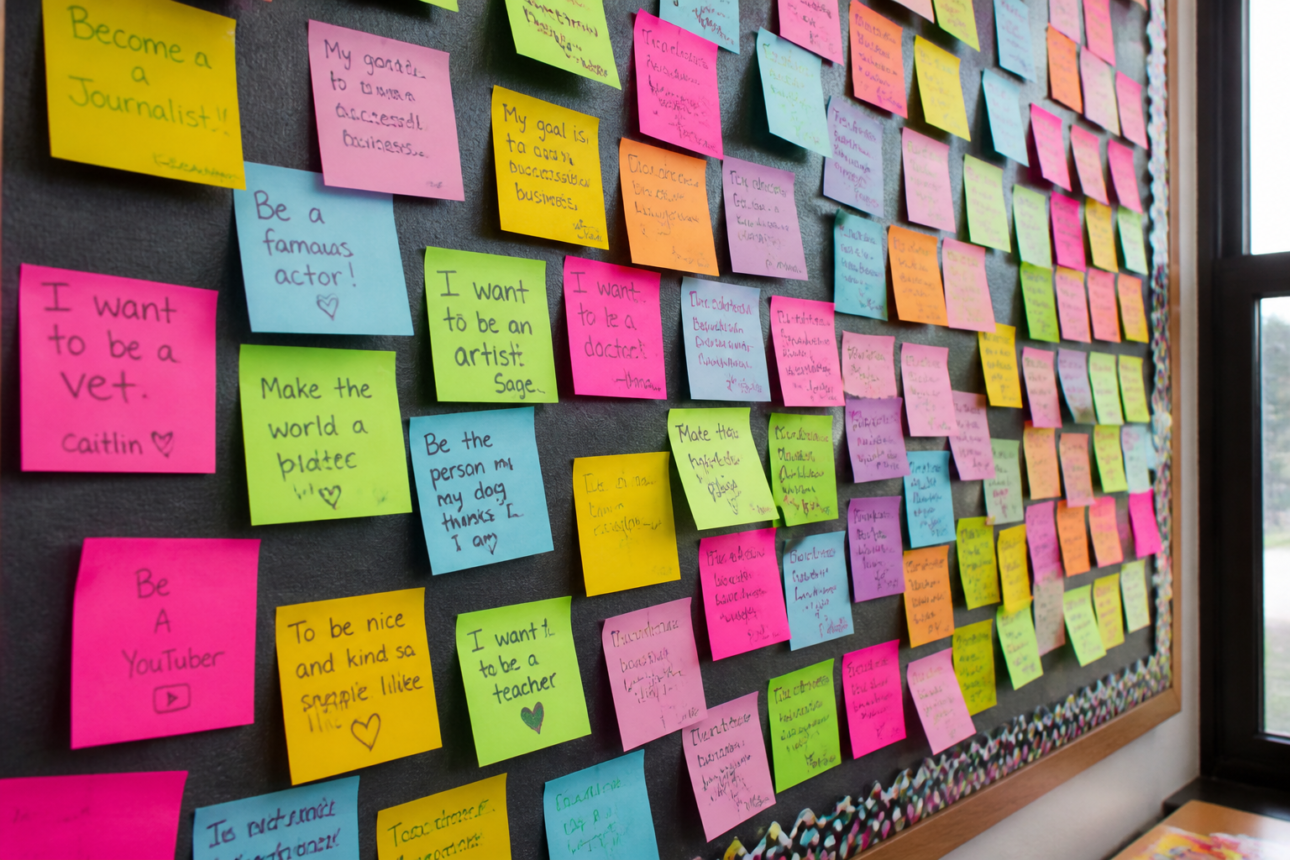 10 Creative Middle School Bulletin Board Ideas for Teens 5 3. Genius Sticky-Note Goal Wall