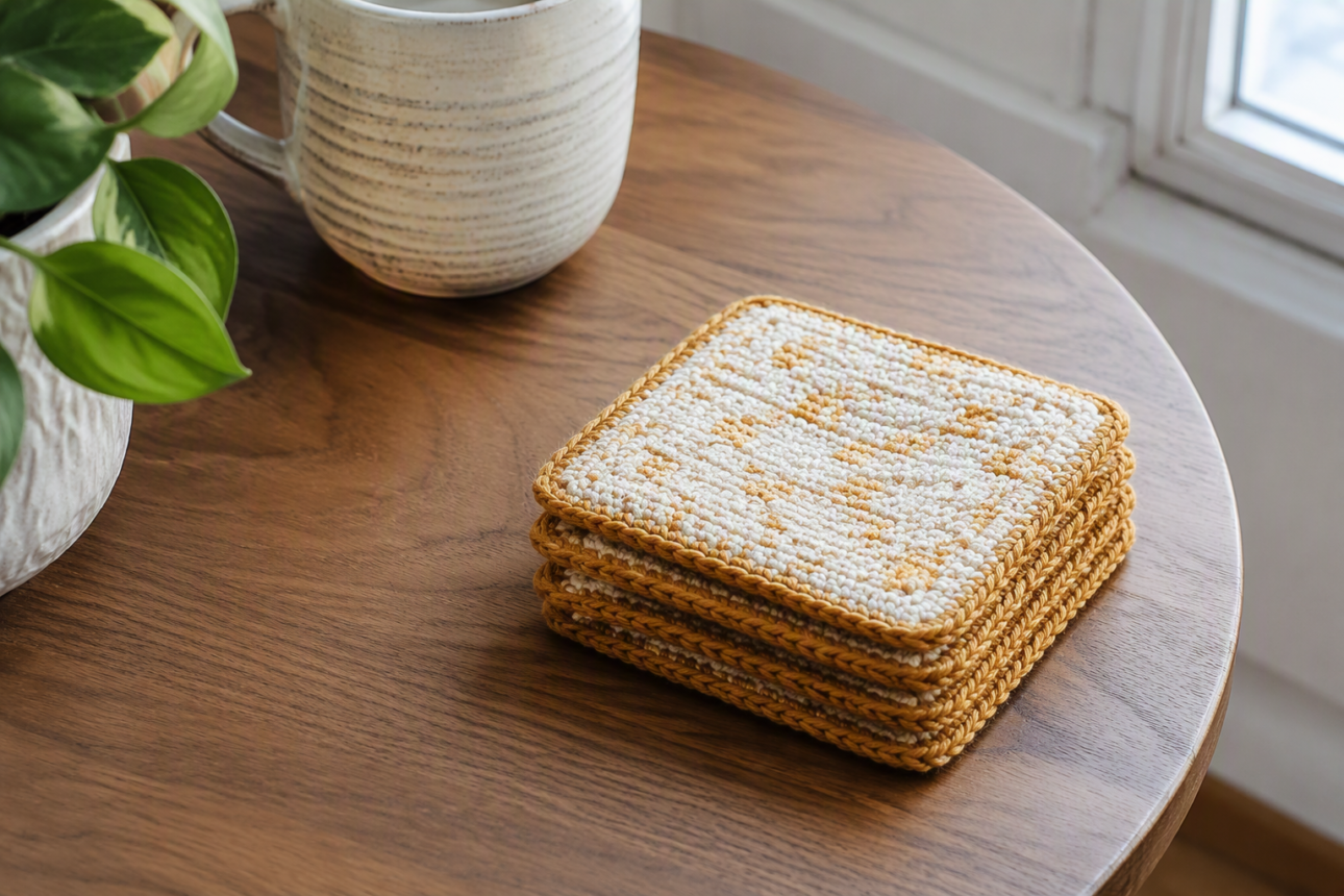 13 Simple Fall Crochet Coasters for Busy Homeowners 4 2. Essential Square Autumn Tweed Coaster