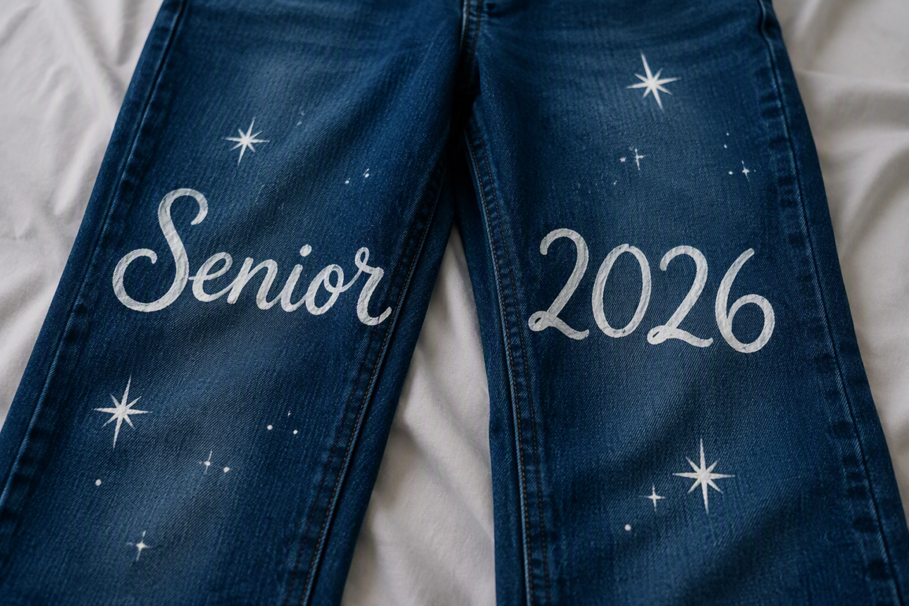 10 Cute Senior Jeans Ideas for High School Portraits 3 1. Split Leg Cursive Script