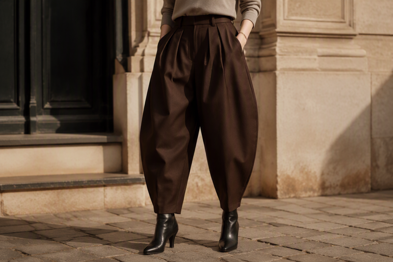 12 Stylish Senior Pants Ideas for Seniors Looking to Shine 4 2. Sculptural Barrel-Leg Trousers