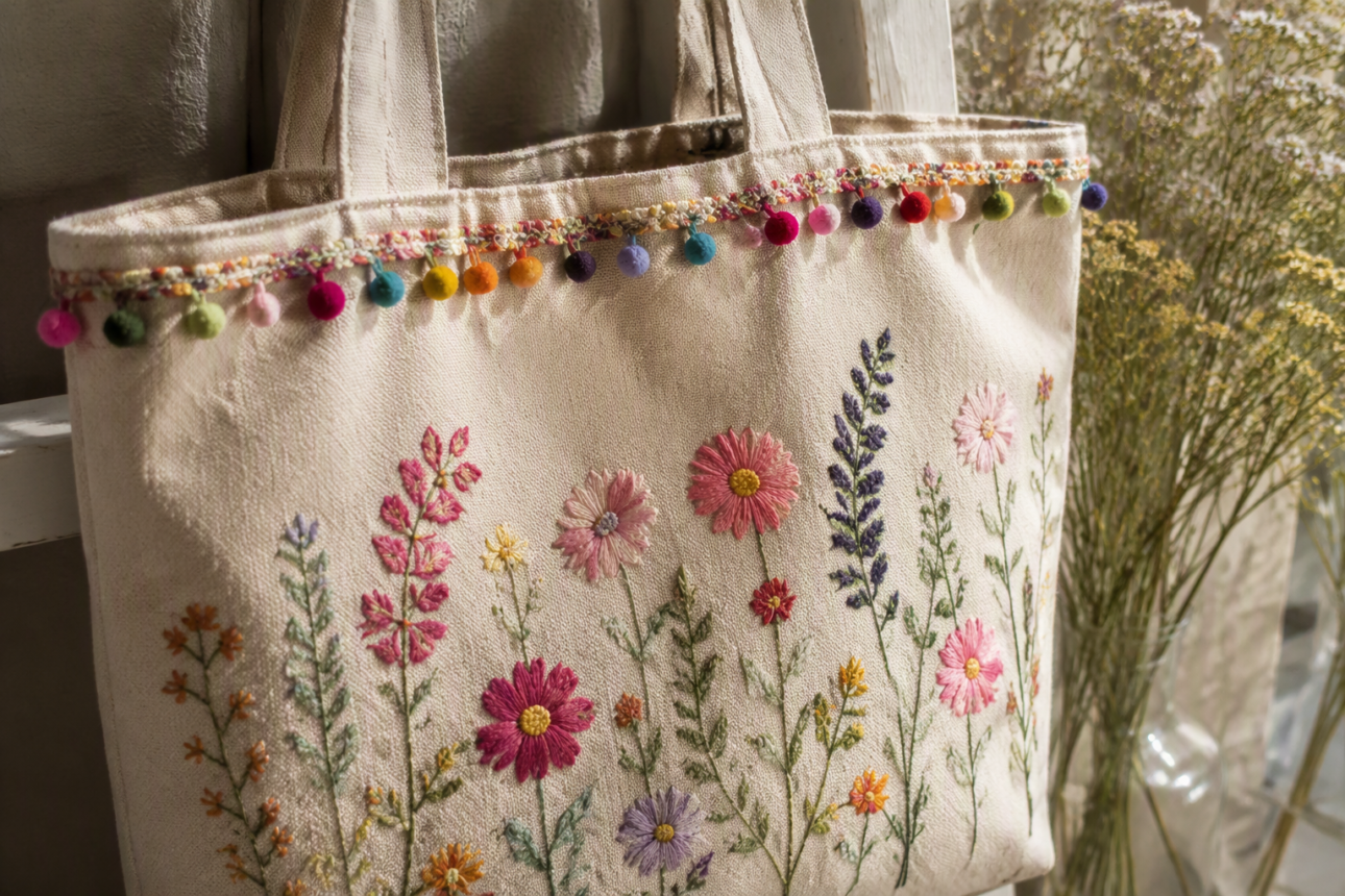 13 Genius DIY Embroidery Ideas for Beginners 3 1. Embroidered Pom Pom Market Totes