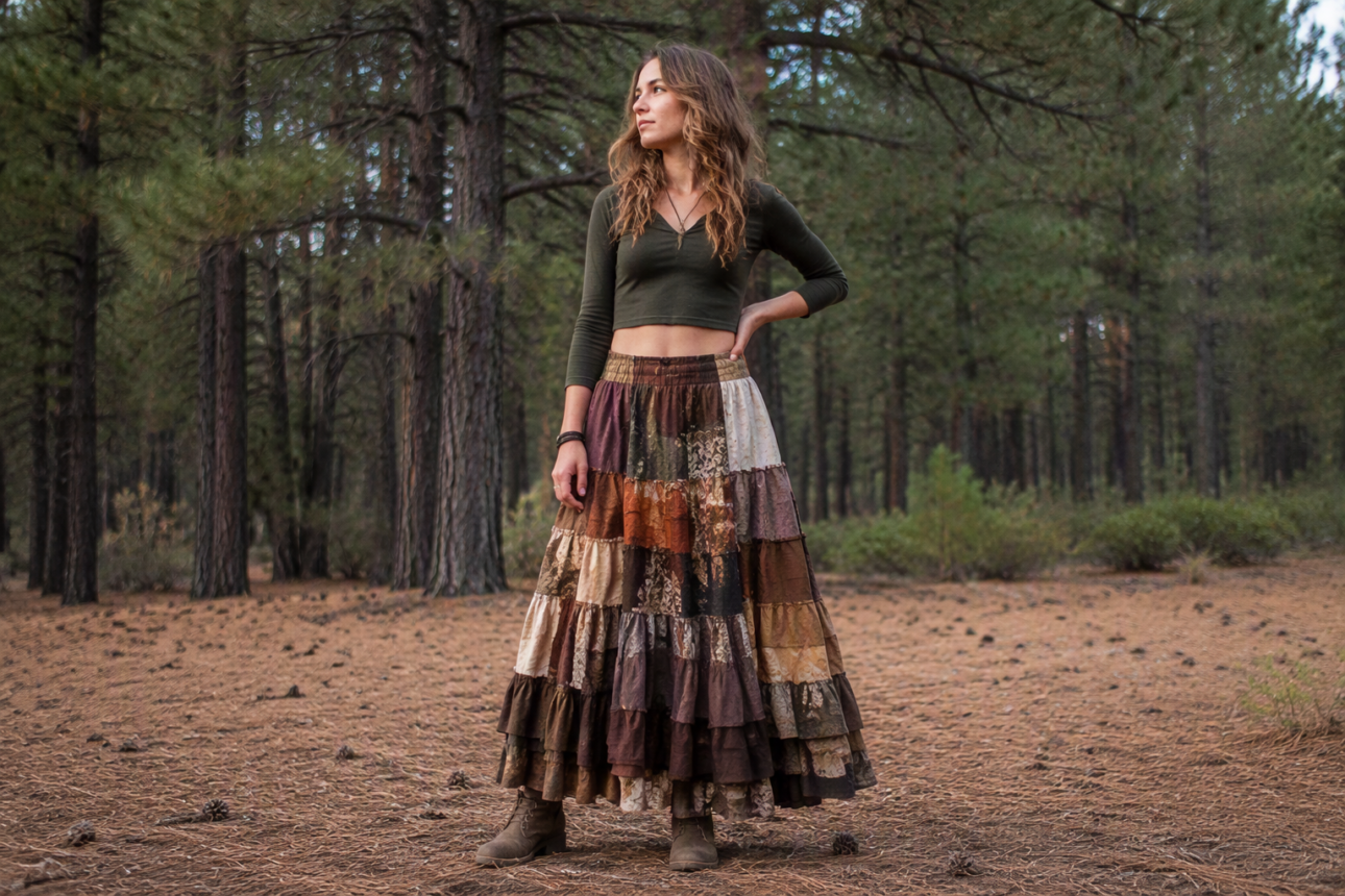 12 Creative Forest Style Outfit Ideas for Nature Lovers 9 7. Patchwork Maxi Skirts