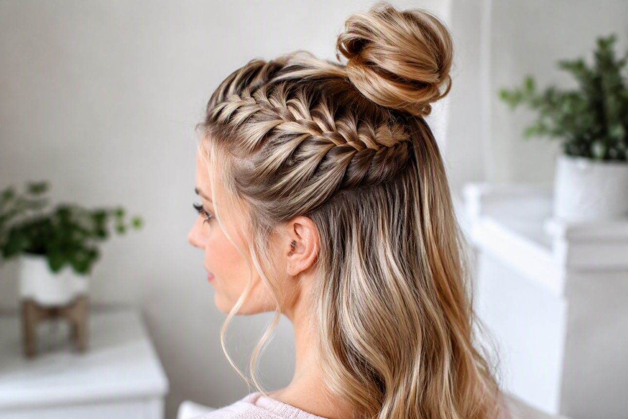 9 Expert Braided Dutch Hairstyles You Will Love 4 2. Easy Dutch Braided Top Bun Half-Updo