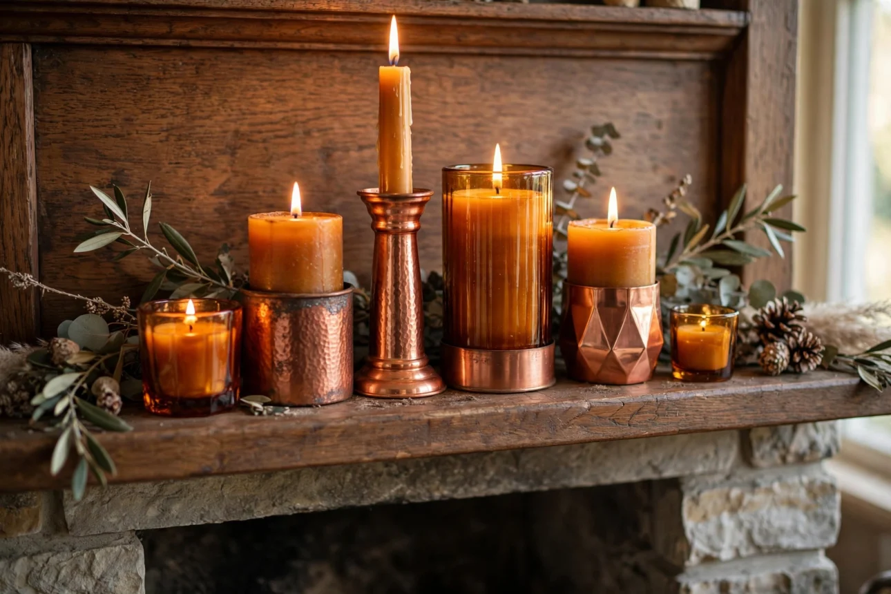 amber_copper_candles_mantel amber copper candles mantel